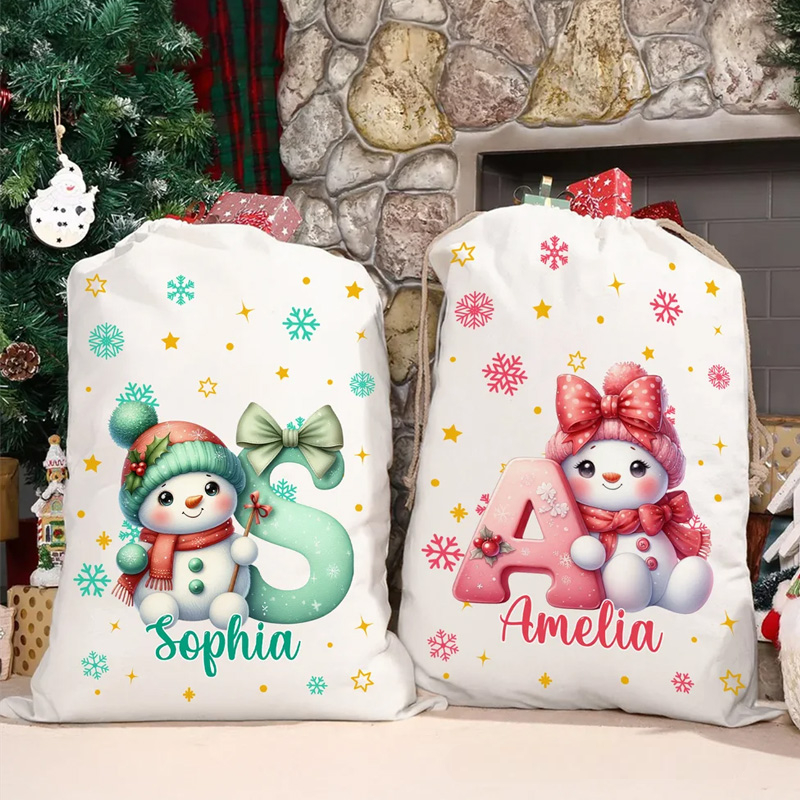 Personalized Cute Cartoon Santa Hat Snowman Initial Drawstring Gift Bag with Name Christmas Gift 