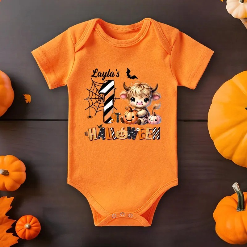Personalized Halloween Baby Onesie with Cute Cow and Pumpkin Design Featuring Spider Web and Bat Accents for Festive Fun