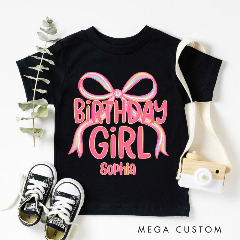 Personalized Birthday Girl Kids T-Shirt with Pink Bow and Bold Lettering for a Stylish Celebration