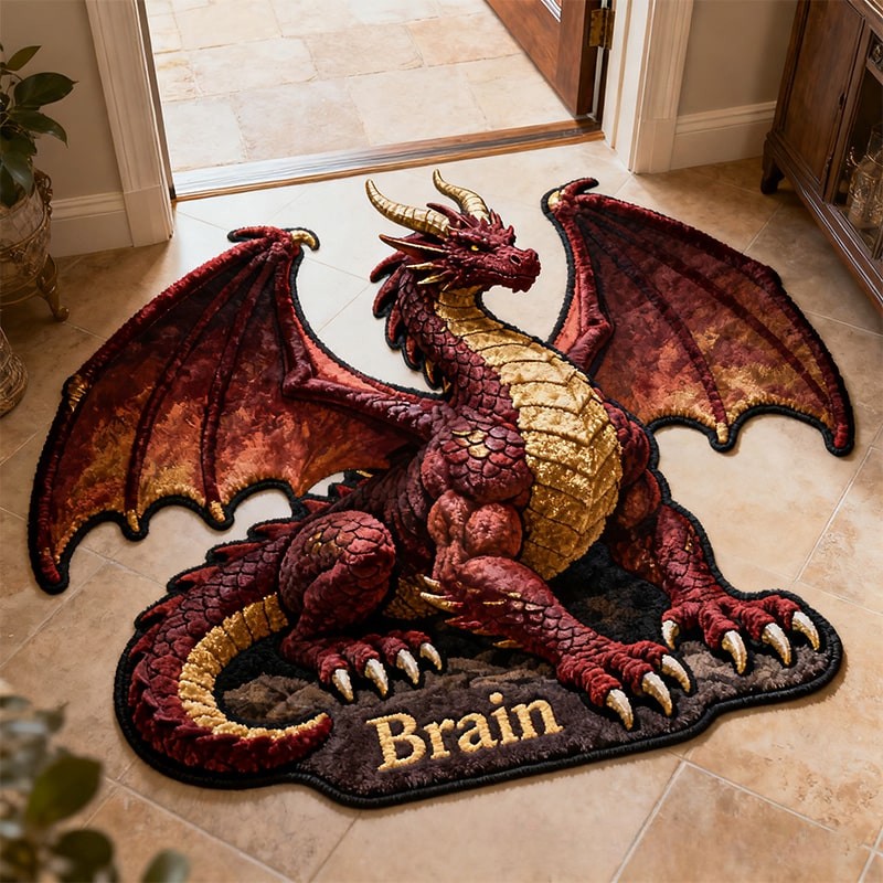 Personalized Dragon Custom Name Soft Decorative Gift Fantasy Fire Style Cozy Bedroom Winged Creature Brave Hero Adventure Fun Playtime Magical Room Carpet Rug for Kids
