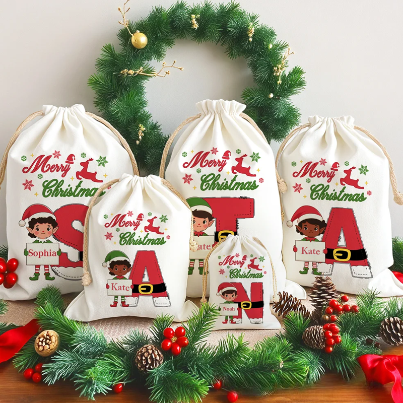 Personalized Christmas Elf Drawstring Canvas Gift Bag with Name and Initial Christmas Party Gift 