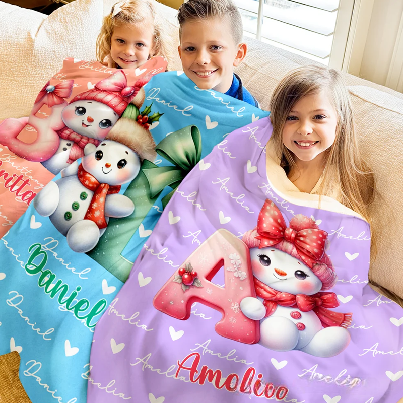Personalized Santa Hat Snowman Initial Word Cloud Soft Throw Blanket with Name Home Decor Christmas Gift