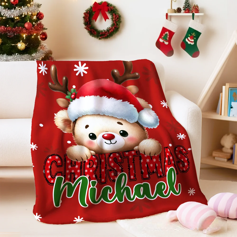 Personalized Santa Hat Deer Dream Horse Cute Animal Soft Throw Blanket with Name Christmas Gift