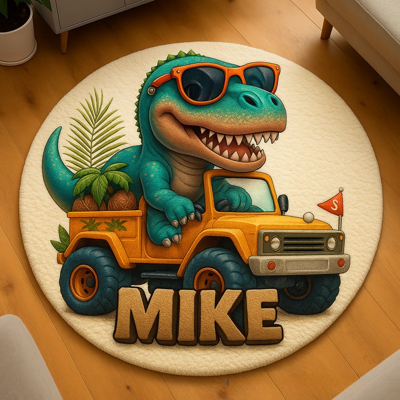 Personalized Dinosaur Monster Truck Custom Name Soft Decorative Gift Adventure Style Cozy Bedroom Fun Playtime Explorer Boy Room Creative Carpet Rug for Kids