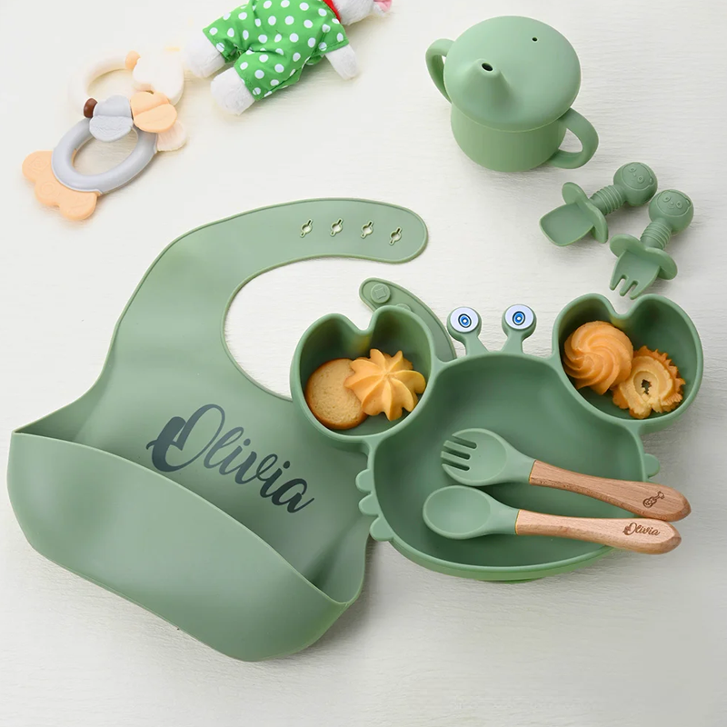 Personalized Silicone Baby Feeding Set Crab Shape Divided Plate Suction Cup Supplies for Toddler Weaning