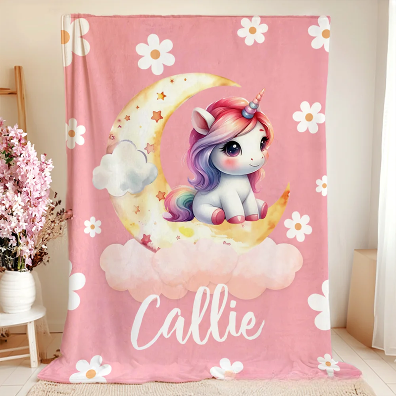 Personalized Dream Horse Dreamy Moon Soft Throw Blanket with Name Home Decor Birthday Baby Shower Gift for Girls