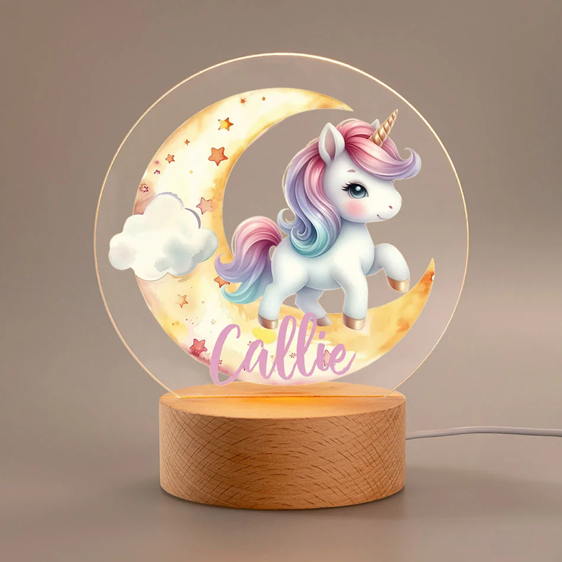 Personalized LED Night Light with Name Dream Horse Baby Pattern Room Decoration with Wooden Base Christmas Birthday Baby Shower Gift for Girl