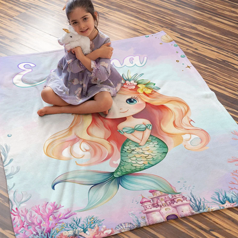 Personalized Fantasy Mermaid Princess Underwater World Soft Throw Blanket with Name Home Decor Birthday Gift for Girls