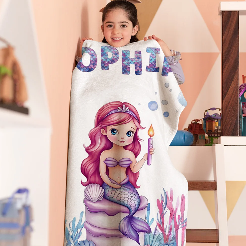 Personalized Fantasy Mermaid Underwater World Soft Throw Blanket with Name Home Decor Birthday Gift for Girls