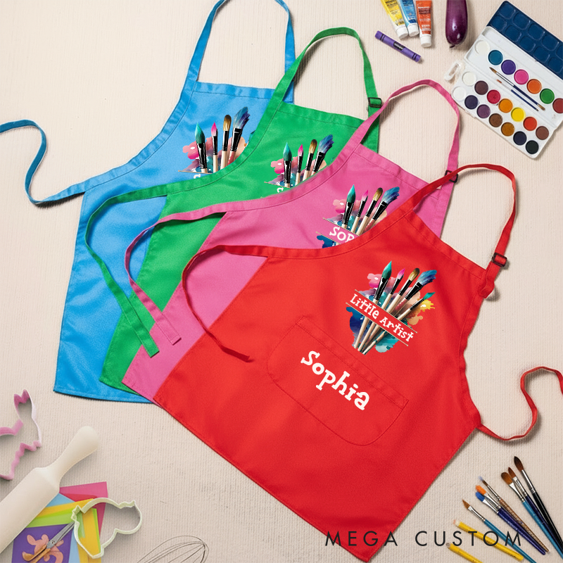 Personalized Paintbrush Design Kids Art Apron Art Party Apron Chef Hat Set with Name Cooking Handcraft Activities Birthday Holiday Gift for Kids