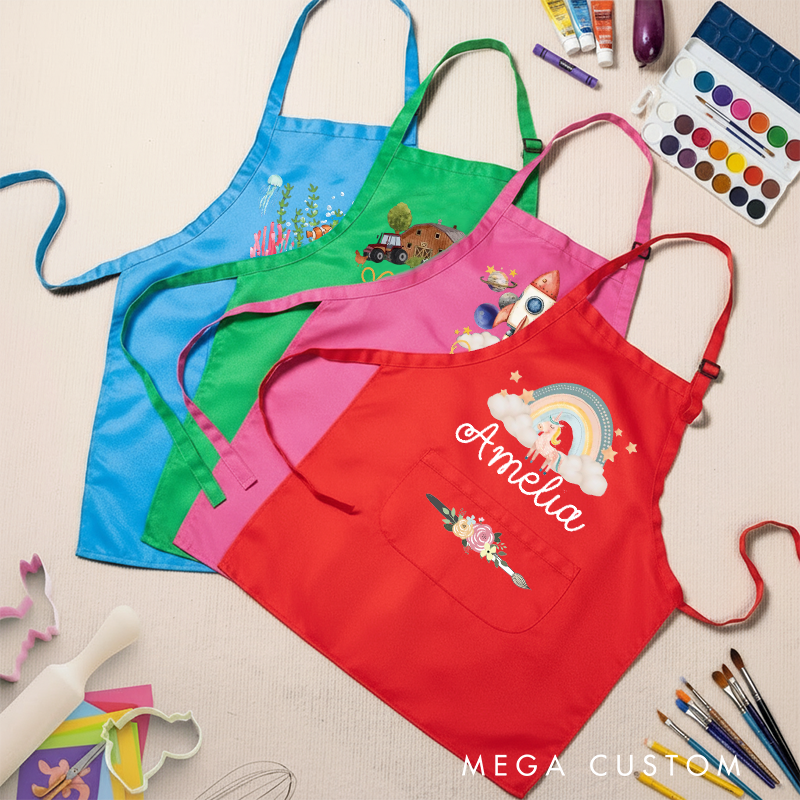 Personalized Dream Lands Kids Art Apron Art Party Apron Chef Hat Set with Name Cooking Handcraft Activities Birthday Holiday Gift for Kids