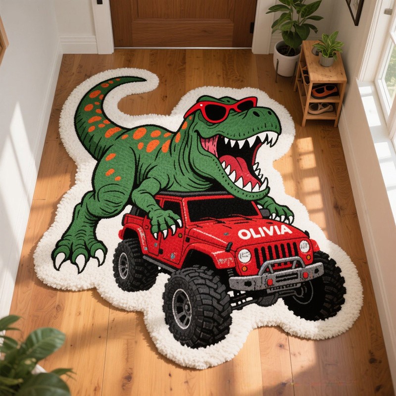 Personalized Dinosaur Jeep Custom Name Soft Decorative Gift Adventure Style Cozy Bedroom Green T Rex Red Car Cool Fun Playtime Explorer Boy Room Creative Carpet Rug for Kids