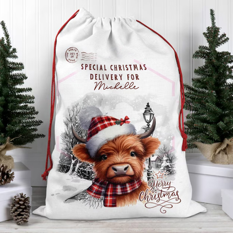 Personalized Highland Cow Christmas Bag with Cozy Winter Scene and Custom Name for Special Seasonal Gifts Christmas Bag