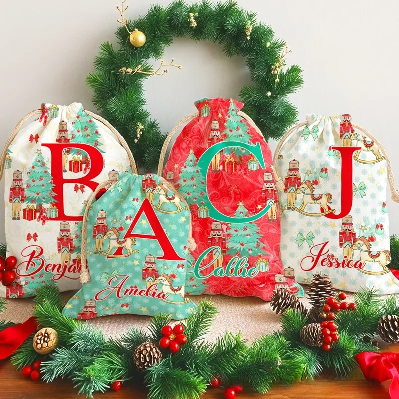 Personalized Christmas Tree Cartoon Nutcracker Canvas Drawstring Gift Bag with Name and Initial Christmas Gift 