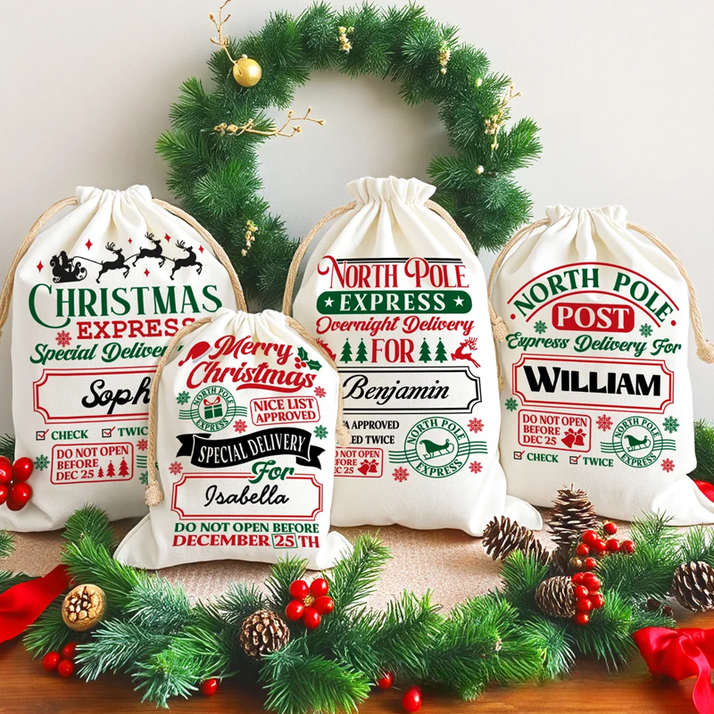Personalized Christmas Word Cloud Canvas Drawstring Gift Bag with Name Christmas Gift for Friends Family