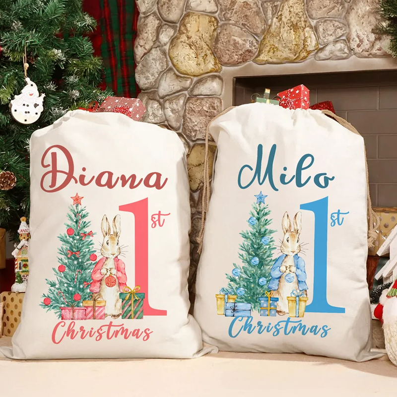 Personalized First Christmas Santa Claus Peter Rabbit Drawstring Canvas Gift Bag with Name Christmas Gift for Baby Family