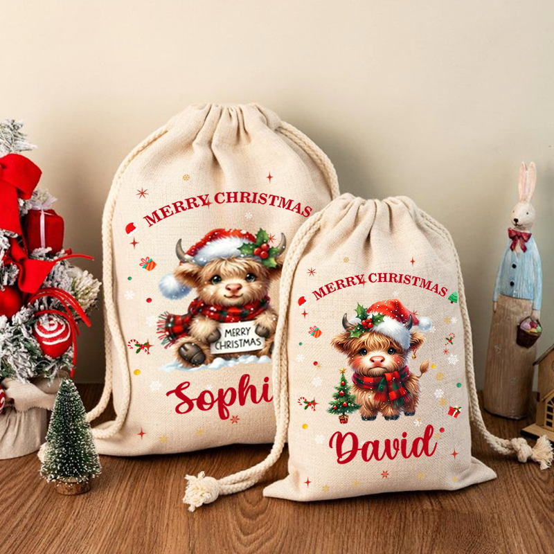Personalized Cartoon Christmas Hat Highland Cow Christmas Bag with Name Christmas Gift for Family Friends