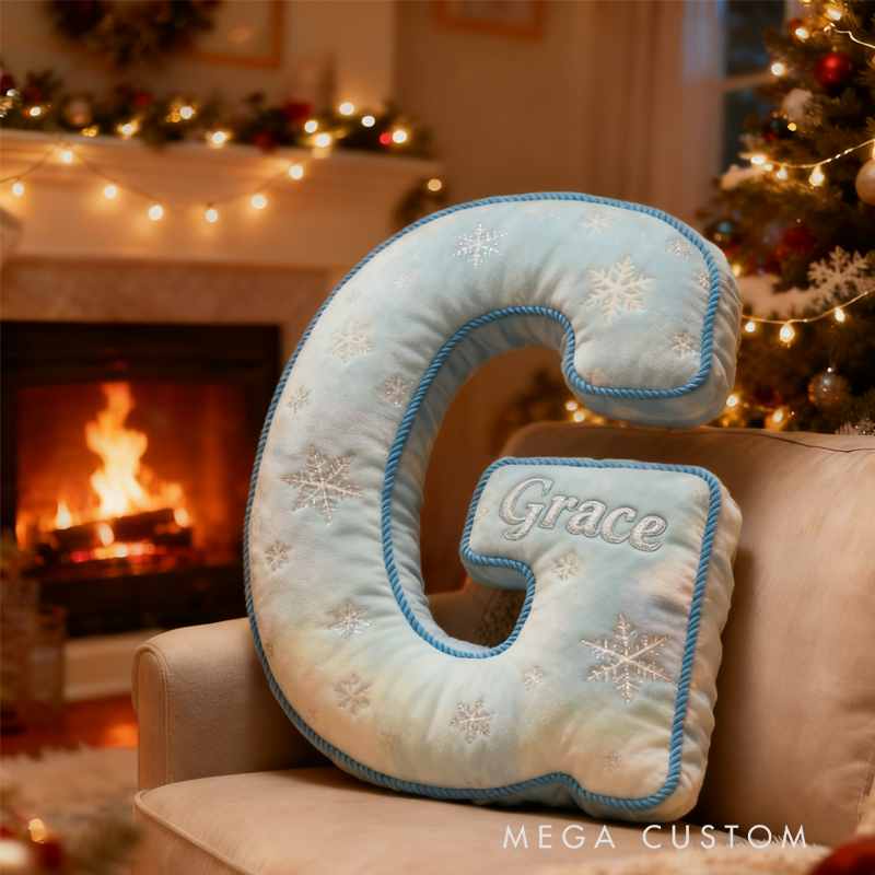 Personalized Blue Snowflakes Initial Pillow with Name Christmas Gift for Kids