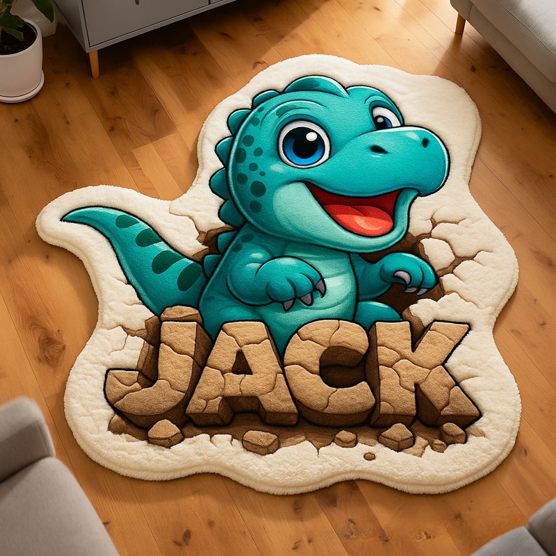 Personalized Dinosaur Custom Name Soft Decorative Gift Cute Style Cozy Bedroom Blue Green Cartoon T Rex Fun Playtime Adventure Boy Room Creative Carpet Rug for Kids