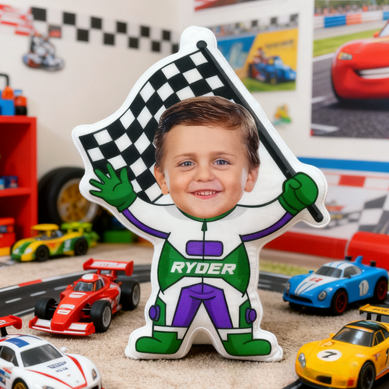 Personalized Cute Racer Boy with Name Graphic 3D Print Pillow Christmas Gift for Kids 