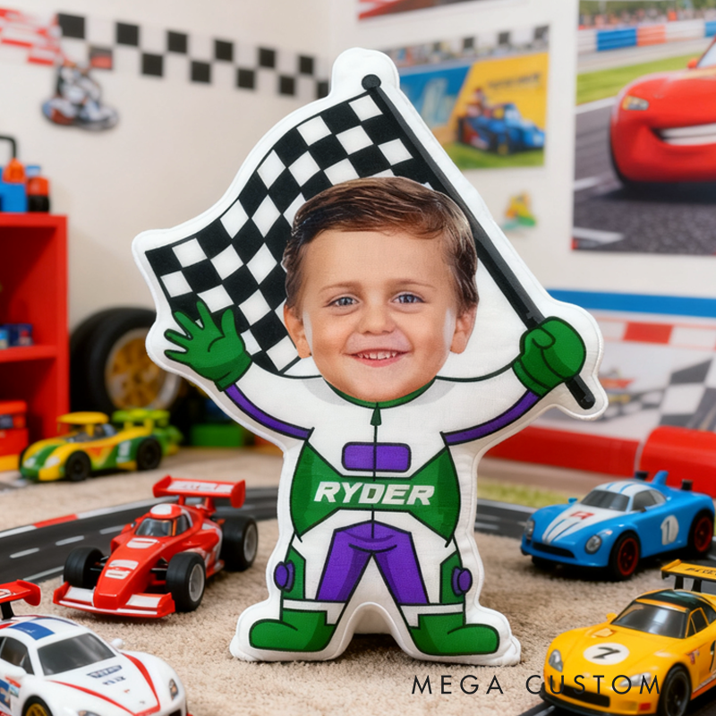 Personalized Cute Racer Boy with Name Graphic 3D Print Pillow Christmas Gift for Kids 