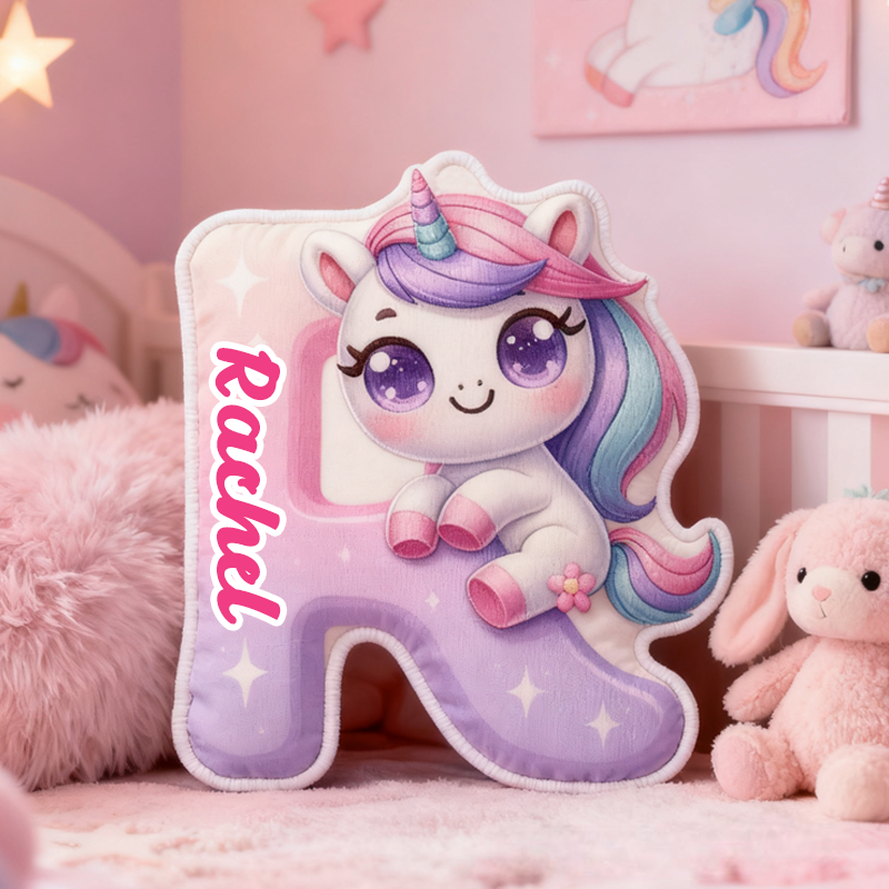 Personalized Cartoon Cute and Cheerful Dream Horse Initials with Name Graphic 3D Print Pillow Christmas Gift for Kids 