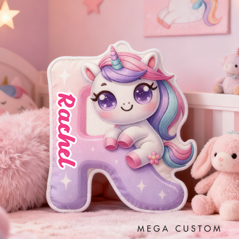 Personalized Cartoon Cute and Cheerful Unicorn Initials with Name Graphic 3D Print Pillow Christmas Gift for Kids 
