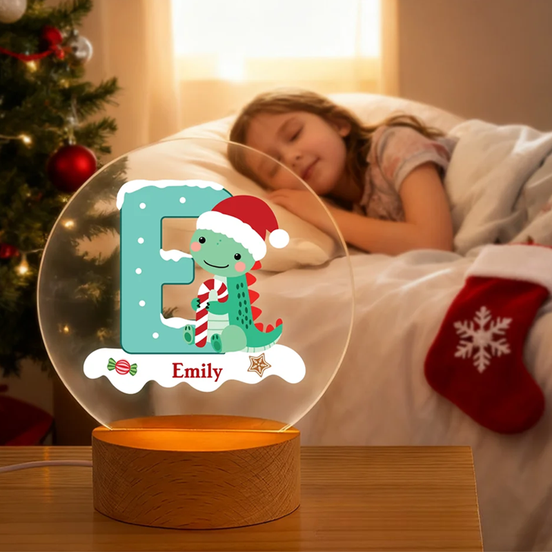 Personalized Santa Hat Dinosaur Initial LED Night Light with Name and Wooden Base Home Decor Christmas Gift for Kids