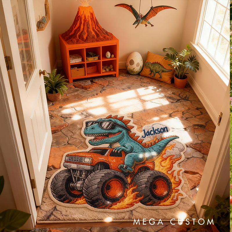 Personalized Dinosaur Monster Truck Custom Name Soft Decorative Gift Adventure Style Fun Playroom Cool Boys Room Fire Power Racing Doormats