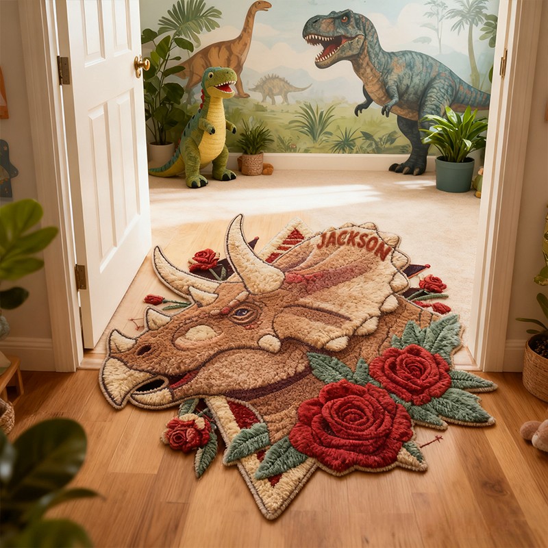 Personalized Triceratops Custom Name Soft Decorative Gift Adventure Style Cozy Bedroom Brown Red Rose Wild Prehistoric Animal Fun Explorer Boy Room Carpet Rug for Kids Sale-megacustom