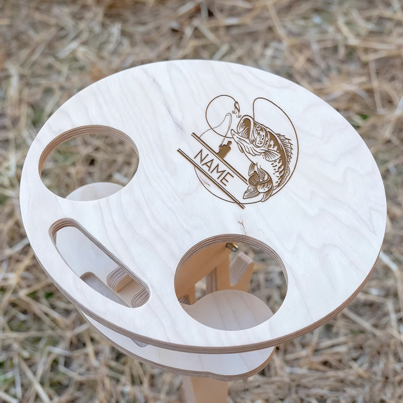 Personalized Fishing Wine and Beer Storage Engraved Wooden Design Custom Name Portable Outdoor Table with Cup Holders for Fishing and Camping