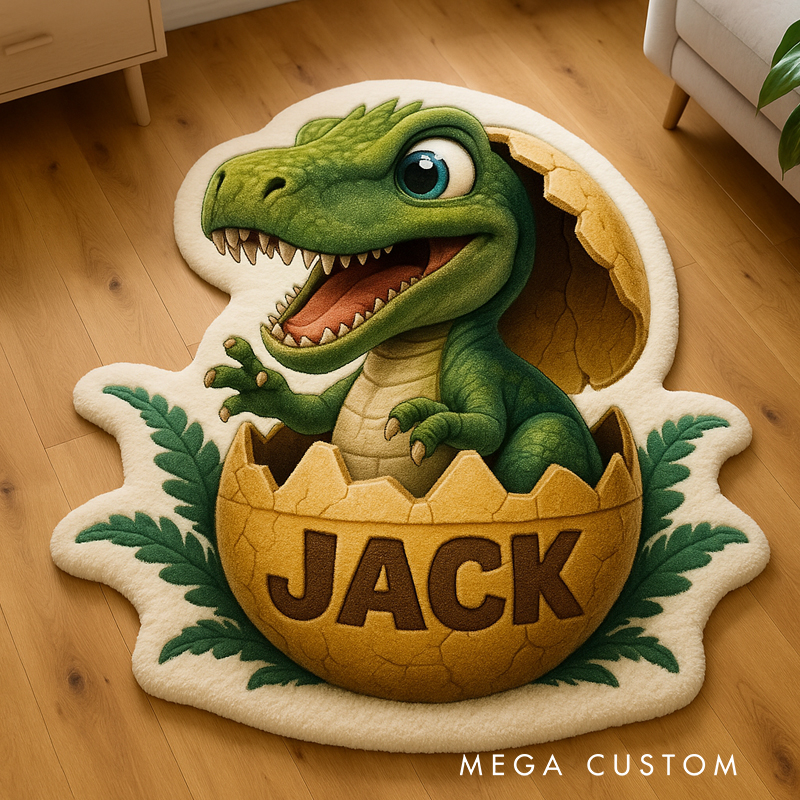 Personalized Dinosaur Custom Name Soft Decorative Gift Cute Style Cozy Bedroom Blue Green Cartoon T Rex Fun Playtime Adventure Boy Room Creative Carpet Rug for Kids