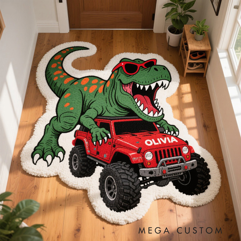 Personalized Dinosaur Jeep Custom Name Soft Decorative Gift Adventure Style Cozy Bedroom Green T Rex Red Car Cool Fun Playtime Explorer Boy Room Creative Carpet Rug for Kids