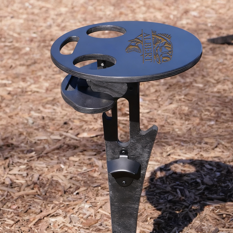 Personalized Engraved Fishing Table Fishing Wine and Beer Storage Wooden Design Custom Name Portable Outdoor Table with Cup Holders for Fishing and Camping