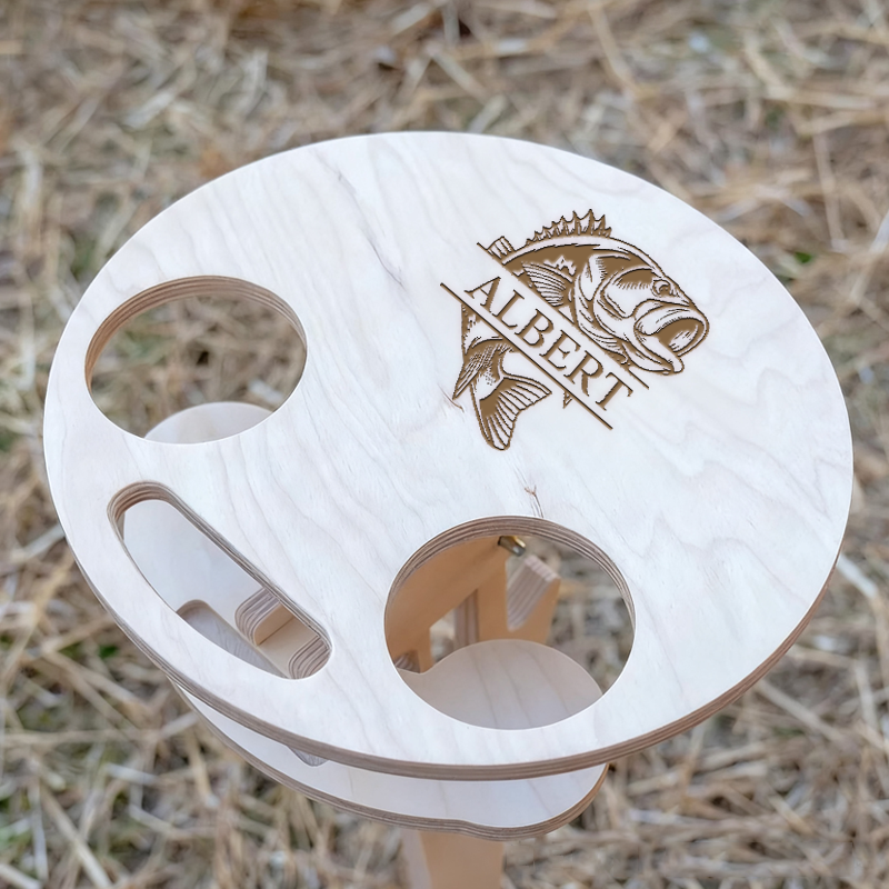 Personalized Engraved Fishing Table Fishing Wine and Beer Storage Wooden Design Custom Name Portable Outdoor Table with Cup Holders for Fishing and Camping