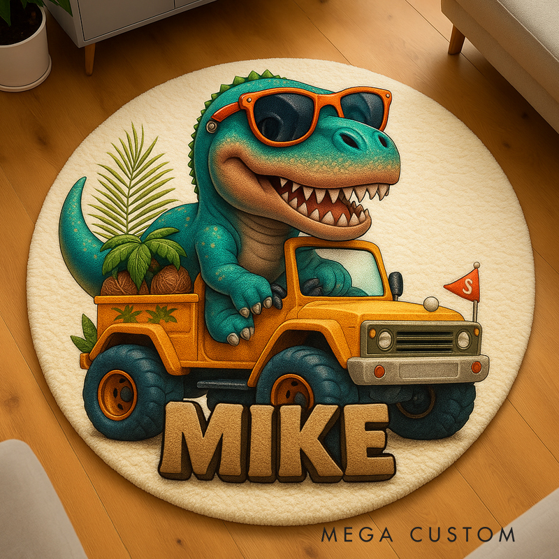 Personalized Dinosaur Monster Truck Custom Name Soft Decorative Gift Adventure Style Cozy Bedroom Fun Playtime Explorer Boy Room Creative Carpet Rug for Kids