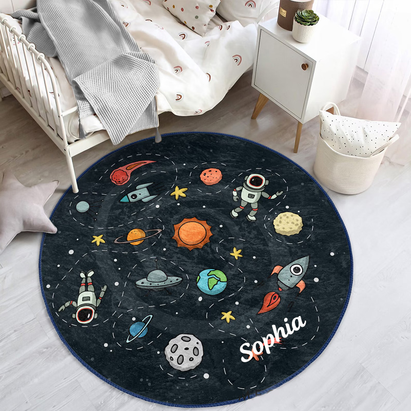 Personalized Space Themed Cute Kid's Rug Adventurous Astronaut Childen's Mat Kids Room Decor