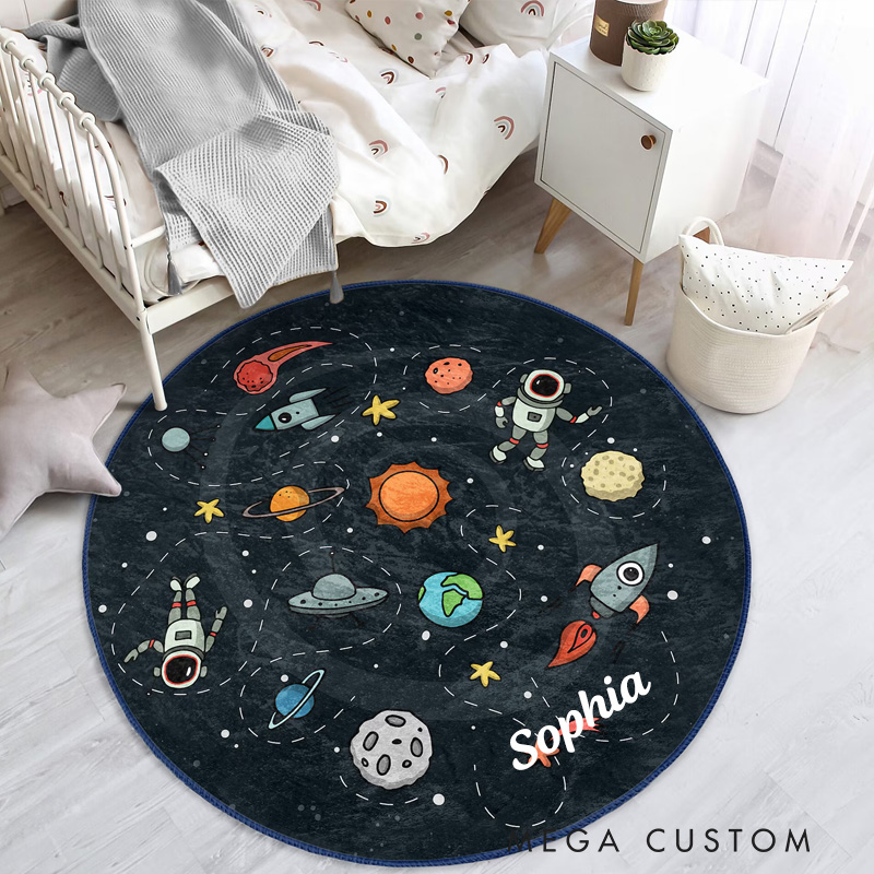 Personalized Space Themed Cute Kid's Rug Adventurous Astronaut Childen's Mat Kids Room Decor