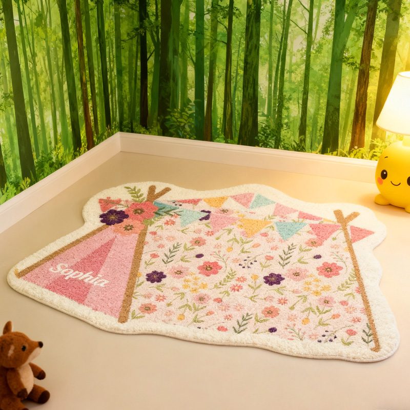 Personalized Kids Camping Rug Doormat Custom Floral Teepee Rug Children's Bedroom Rug Gifts for Kid