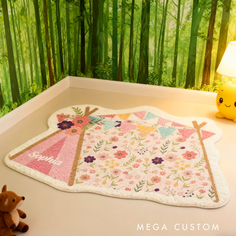 Personalized Kids Camping Rug Doormat Custom Floral Teepee Rug Children's Bedroom Rug Gifts for Kid