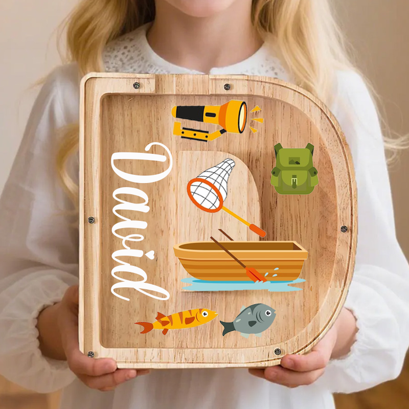 Personalized Fishing Themed Wooden Letter Piggy Bank Fun Boat and Fishing Gear Design Custom Name Perfect Gift for Kids and Anglers