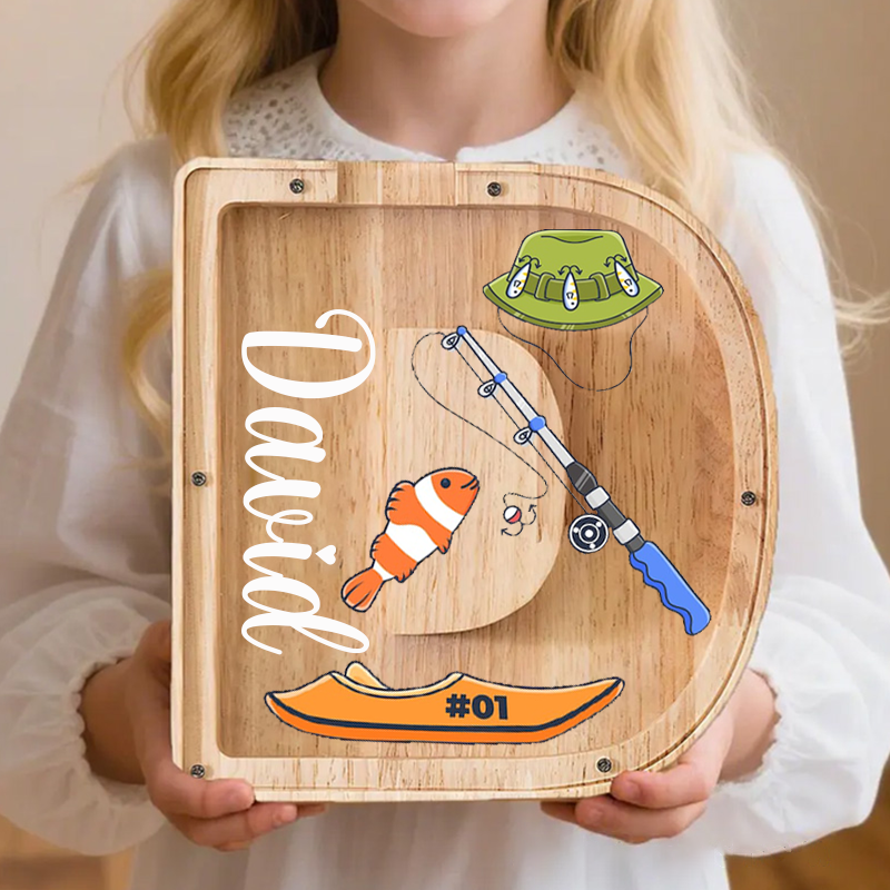 Personalized Fishing Themed Wooden Letter Piggy Bank Fun Fishing Hat Rod and Boat Design Custom Name Perfect Gift for Kids and Anglers