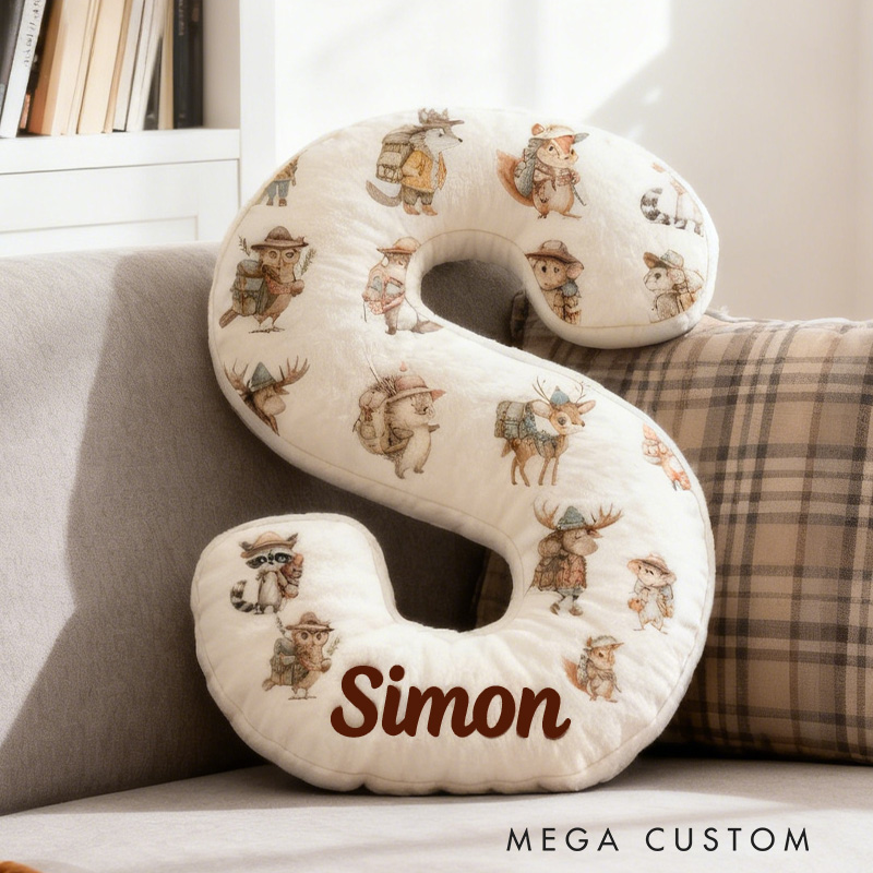 Personalized Woodland Adventure Custom Initial Pillow Cute Animals Happy Camper Forest Animal Pillow Gifts for Hiking Camp Lover