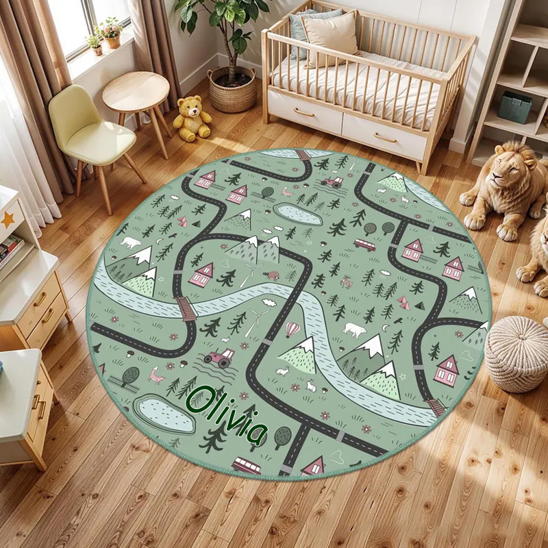 Personalized Mountain Forest Adventure Kids Room Rug Green Woodland Round Kids Rugs Road Child Playroom Mat Outdoor Lovers Gift