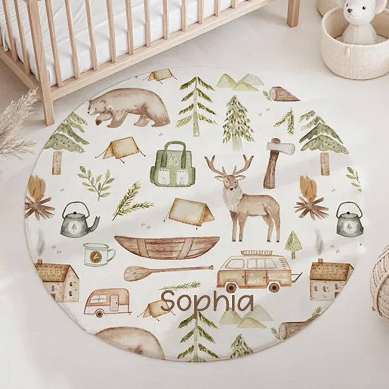 Personalized Woodland Camping Round Rug Kids Playroom Decor Mountain Forest Adventure Kids Room Rug Outdoor Lovers Gift