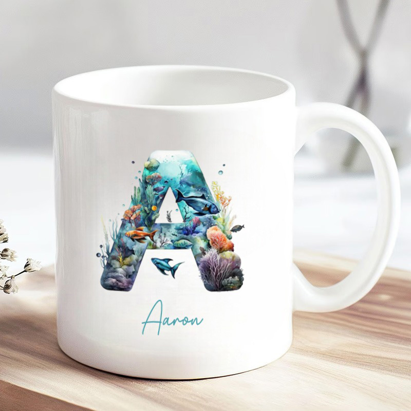 Personalized Fishing Mug Coffee Mug Ocean Fish Letter Design Custom Name Unique Gift for Anglers and Sea Life Lovers