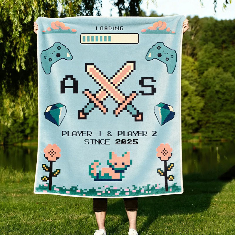 Personalized Gamer Couple Blanket Pixel Art Anniversary Gift Video Game Tapestry Blanket Geek Game Lover Gift