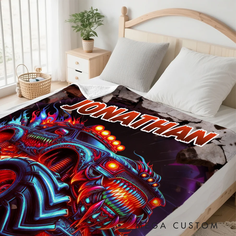 Personalized Monster Neon Truck Soft Throw Blanket with Name Home Decor Birthday Gift for Boys Truck Lovers