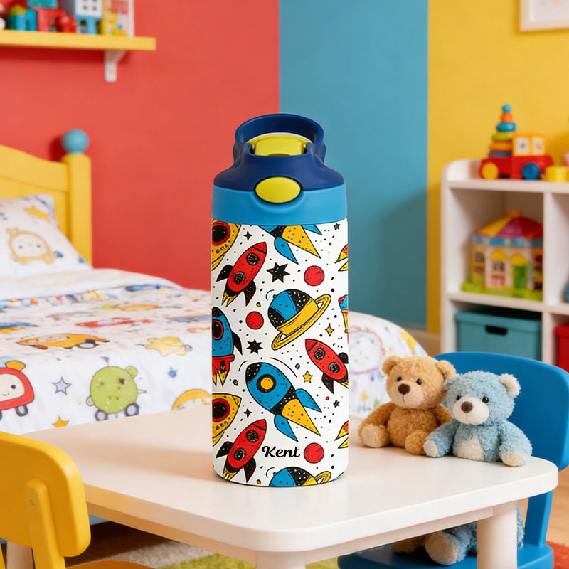 Personalized Rocket Tumbler 12 Oz Kid Insulated Name Water Bottle with Handle and Silicone Straw Space Enthusiasts Gift