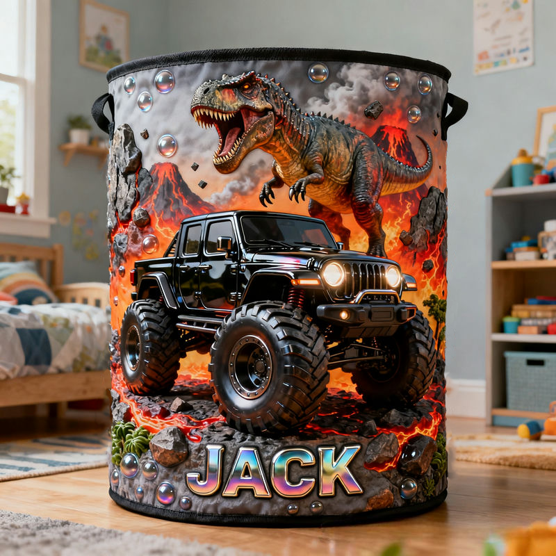 Personalized Dinosaur Monster Truck Themed Laundry Hamper and Storage Box Birthday Gift for Kids